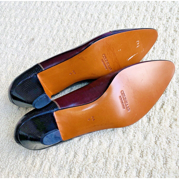 Vintage Cole Haan Ladies Shoes Classic Leather Wingtip Pumps Black & Brown 9AA - Picture 10 of 14